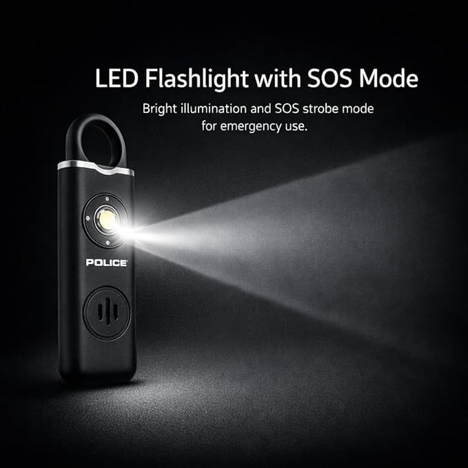 Police Personal Safety Alarm Keychain, Rechargeable Loud Emergency Alarm w/ Strobe Light, Portable Self Defense Alarm for Women, Kids, Seniors, Travel, Black