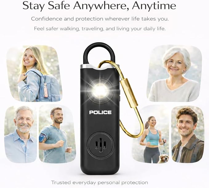 Police Personal Safety Alarm Keychain, Rechargeable Loud Emergency Alarm w/ Strobe Light, Portable Self Defense Alarm for Women, Kids, Seniors, Travel, Black