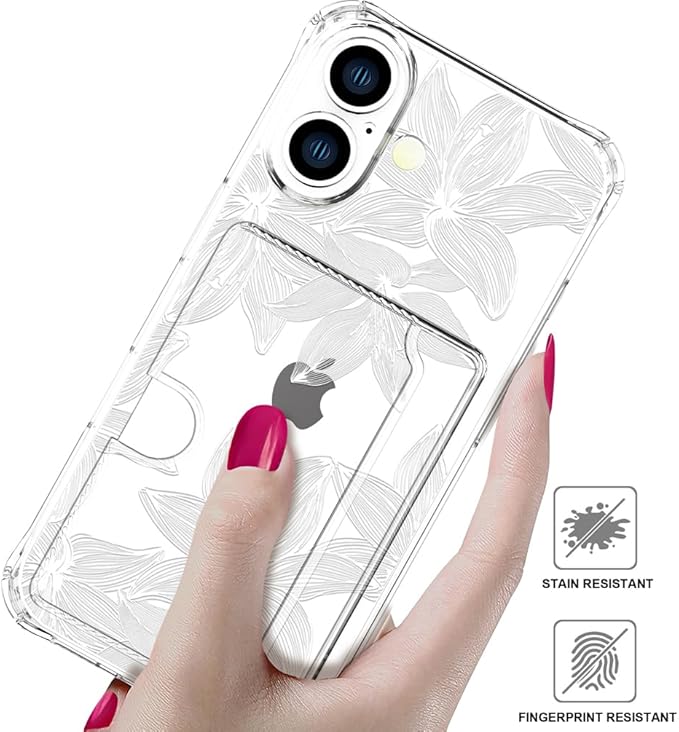 Compatible with iPhone 16 Case Card Holder for Women Cute Design,Wallet Phone Cases Transparent Cool Kawaii Protective (Clear Flower White)