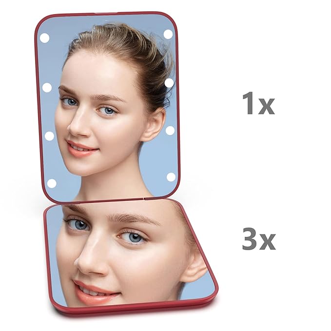 Kintion Pocket Mirror, 1X/3X Magnification LED Compact Travel Makeup Mirror with Light for Purse, 2-Sided, Portable, Folding, Handheld, Small Lighted Mirror for Gift, Wine Red