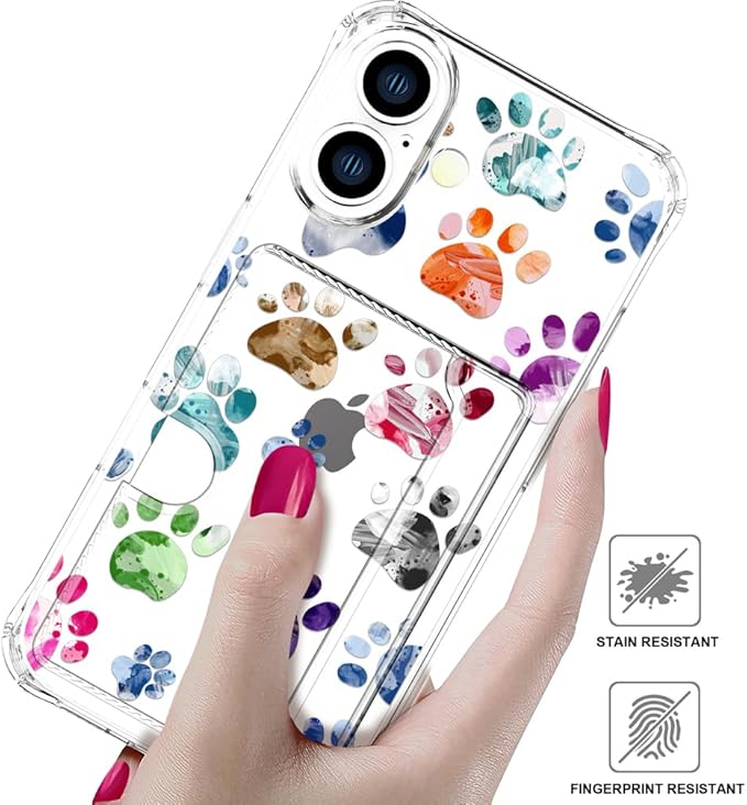 Compatible with iPhone 16 Plus Case Card Holder for Women Cute Design,Wallet Phone Cases Transparent Cool Kawaii Protective (Clear Lovely Dogs Paws)