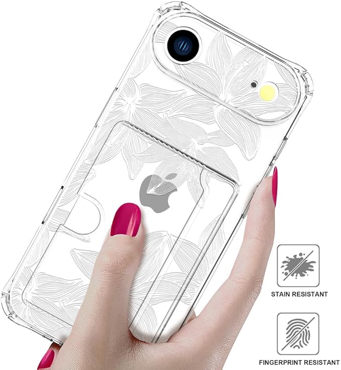 Compatible with iPhone 17 Air Case Card Holder for Women Cute Design,Wallet Phone Cases Transparent Cool Kawaii Protective (Clear Flower White)