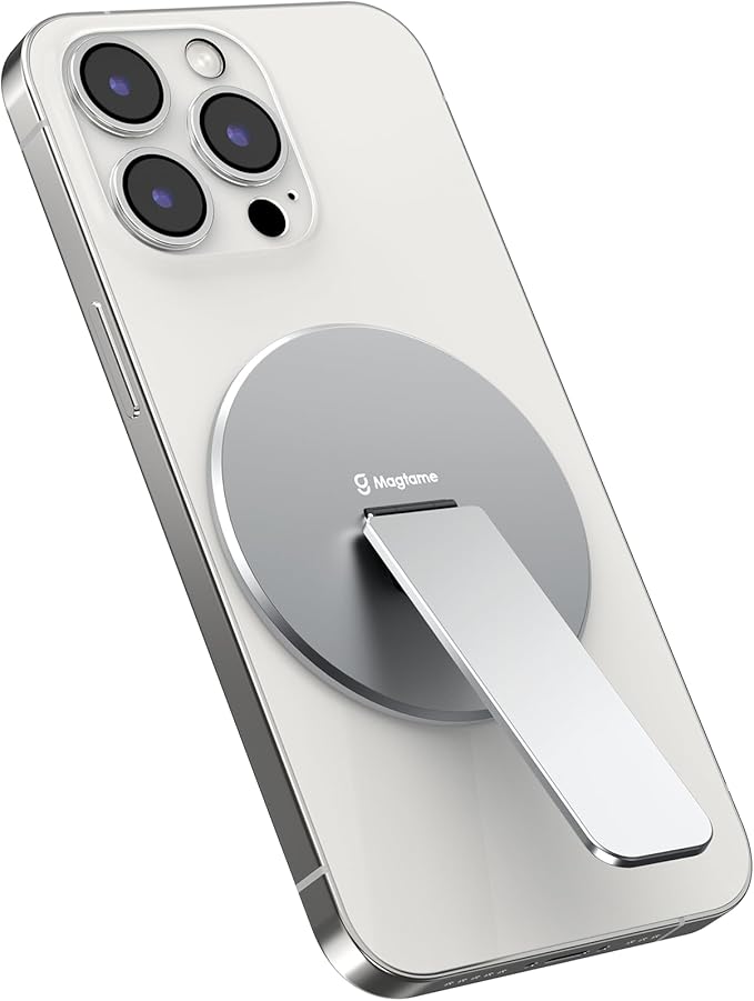 Magtame Magnetic Phone Stand Grip for Magsafe, Utral-Thin Snap-on Phone Kickstand, Holder & Grip, Foldable & Adjustable for Hands-Free Viewing | Compatible with Phone 16 15 14 13 12 Pro,Silver