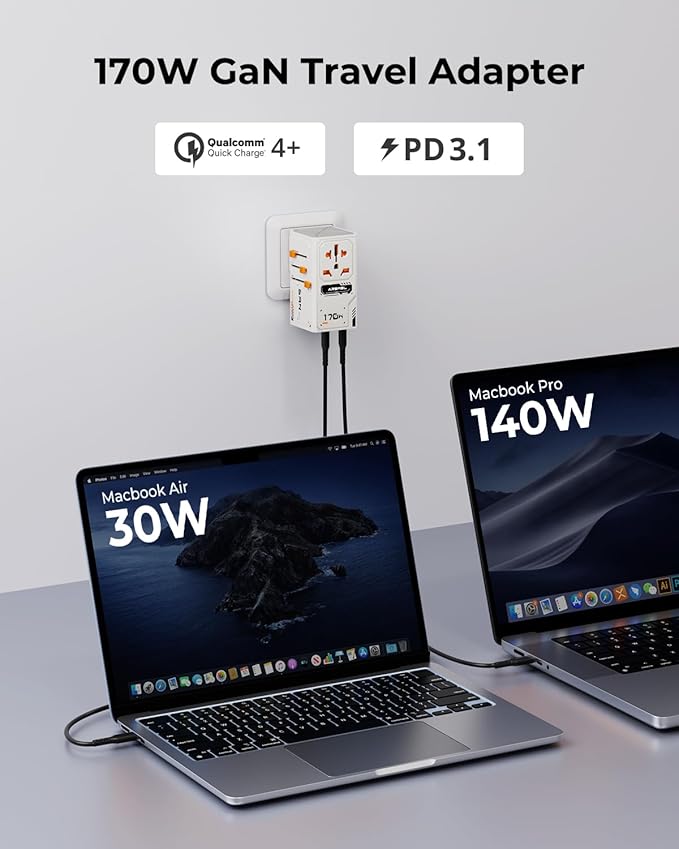 170W GaN Universal & International Travel Adapter & Wall Charger, European Travel Plug for UK/US/AUS/JP, 3 USB-C PD & 1 USB-A QC for Laptop Fast Charging, Worldwide Compatible, Travel Essentials