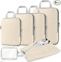 Gonex Compression Packing Cubes, 6pcs Expandable Storage Travel Luggage Bags Organizers with Shoe Bag, Clear Toiletry Bag (Cream)