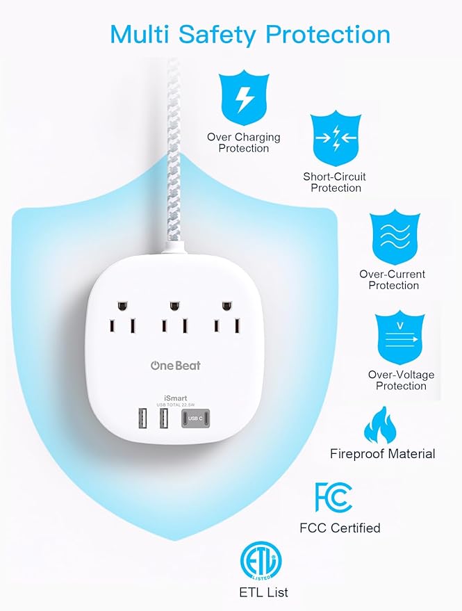 22.5W/4.5A Travel Power Strip with Surge Protector, 3 Outlets with 4 USB Ports (2 USB C), Flat Plug Extension Cord 6 Feet, Desktop USB Charging Station for Home, Office, College Dorm Essentials