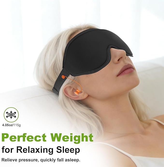 3D Contoured Sleep Mask with Earplug Retainer Cord,100% Pressure-Free & Total Light Blocking Eye Mask with Adjustable Strap. Ideal for Sleep Earplug User, Airplane Travel, Meditation Black