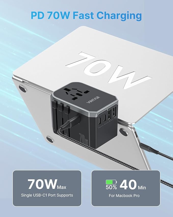 Universal Travel Adapter, VINTAR 70W GaN International Power Adapter with 5 USB Ports (3 USB-C), Worldwide Travel Plug Adaptor, All in One Travel Essentials Outlet Converter for UK/EU/USA/AUS, Black