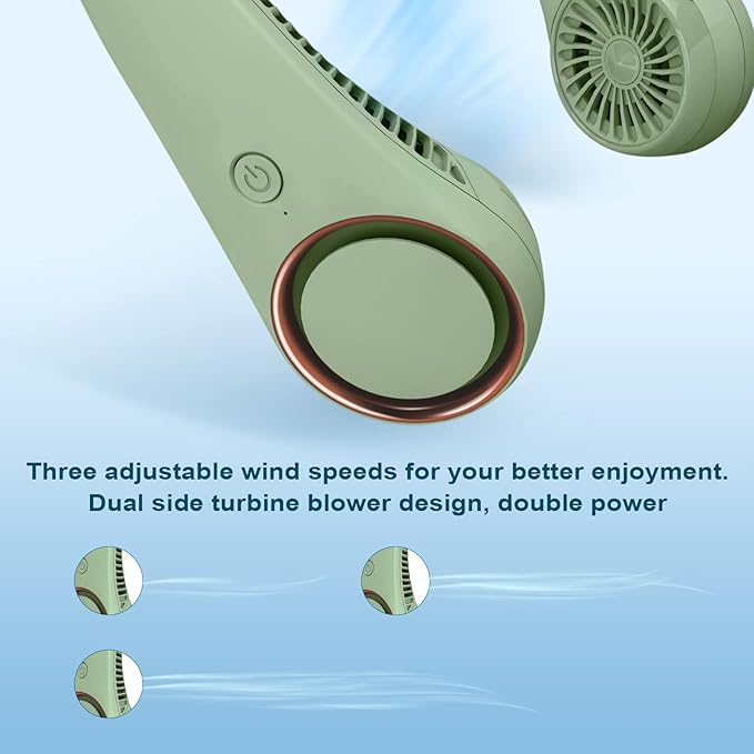 CIVPOWER Neck Fan: Portable Personal Neck Cooling Rechargeable Bladeless Fan - Hands Free 3 Speed 4000 mAh Battery USB Operated Wearable Headphone Design - Gift for Men Women Outdoor (Light Green)