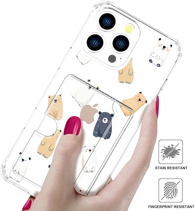 Compatible with iPhone 16 Pro Case Card Holder for Women Cute Design,Wallet Phone Cases Transparent Cool Kawaii Protective (Clear Lovely Bears Funny)