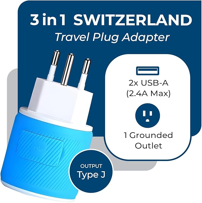 OREI Type J Adapter Switzerland – US to Switzerland Plug Adapter with 2 USB Ports – CE Certified & RoHS Compliant Switzerland Travel Plug Adapter