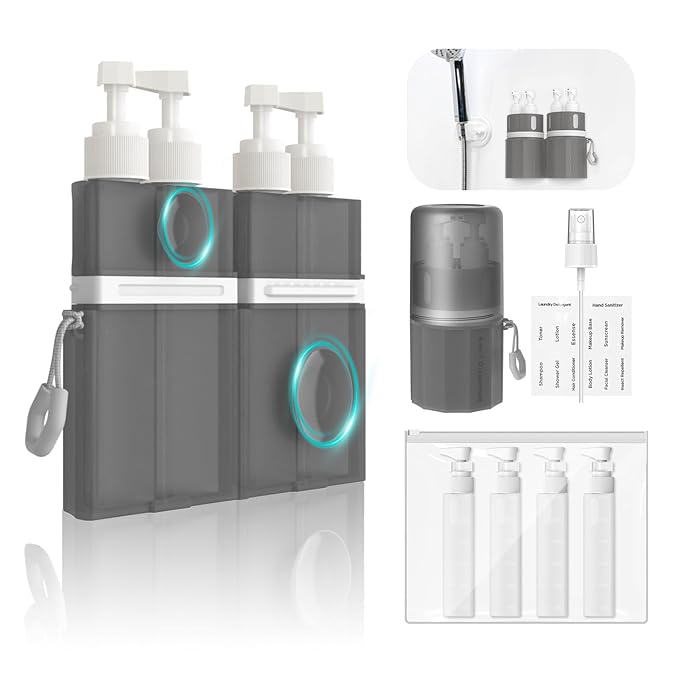 YOTIME 4 in 1 Travel Dispenser Bottle, Vacuum Silicone Suction Cup for Smooth Walls, TSA Approved Leak Proof Travel Size Containers for Toiletries, Shampoo, Body Wash and Conditioner, Gray
