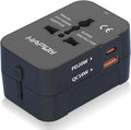 HAPOW Universal Travel Adapter - 1 USB-C & 1 USB-A Fast Charging Travel Charger, Worldwide Plug Adapter for EU UK USA AU, Black