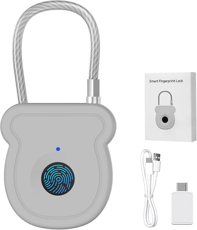 Smart Fingerprint Padlock for Luggage - 20 User Capacity, USB Key & Emergency Code, Keyless Biometric Lock for Gym Locker, Suitcase, Backpack, Toolbox & Handbag (Grey)