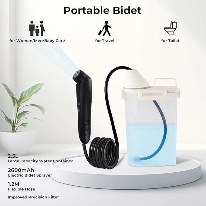 Portable Electric Bidet Sprayer, 2600mAh Rechargeable Handheld Bidet for Travel | Toilet | Personal Care | Postpartum | Hygiene Cleaning | Baby Care, 2.5L Water Container, 4ft Hose, Hook& Storage Bag