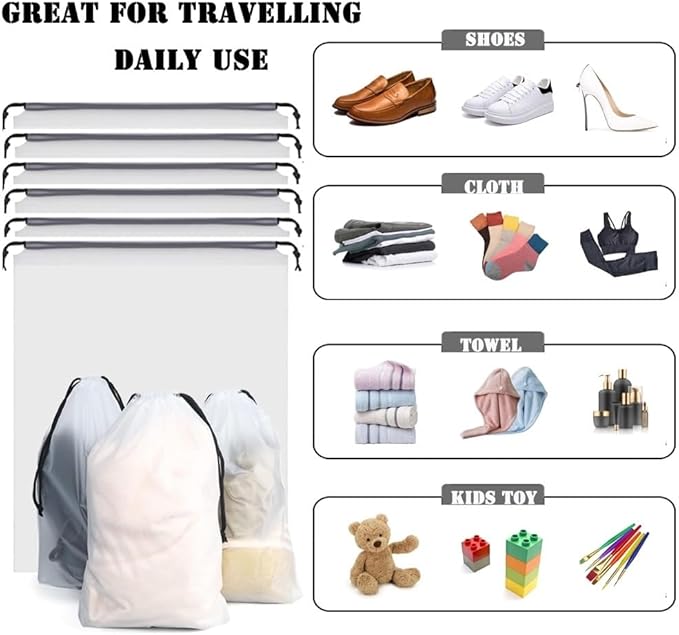 YMCCOOL 12pcs Transparent Shoe Bags for Travel 11.8in X 15.7in Protable Clear shoe bags for storage with rope,large drawstring bags for travel Men and Women