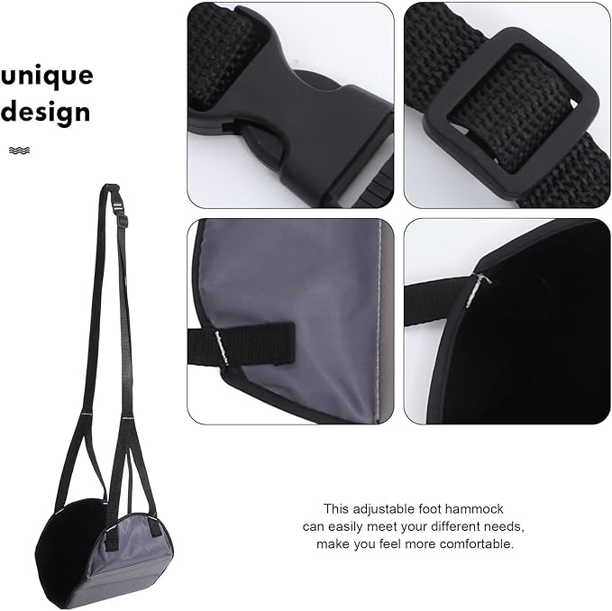 Travel Footrest Hammock for Airplane with Plush Deep Gray Fabric, Portable Under-Desk Foot Sling Cushion for Office and Long Flight Comfort