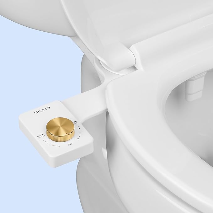 TUSHY NEW Fresh Dual Nozzle Cool Water Bidet: Ultra Slim Toilet Seat Attachment with Luxury 2 in 1 Front & Rear, Self-Cleaning, 180º Clean, (DIY Install, 10 Minutes), Non-Electric, Brushed Brass Knob
