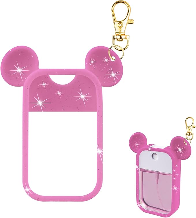 TERPINK Silicone Case Compatible with Touchland Hand Sanitizer Spray 1 fl oz, Mouse Design Protective Case with Keychain, Hand Sanitizer Spray Accessory 1 Pack (Glitter Sequin Hot Pink)