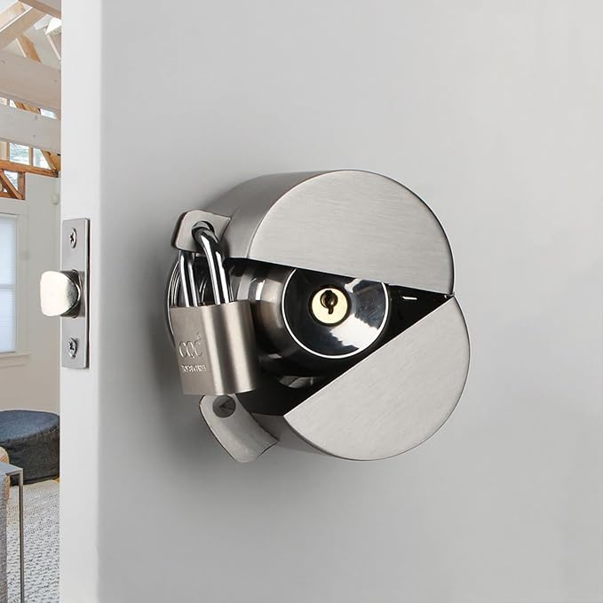 Door Knob Lockout Device with Padlock, Metallic Stainless Steel Locking Cover to Disable Doorknob, Prevents Turning of Door Knob and Access to Keyhole, Prevents Operating The Knob