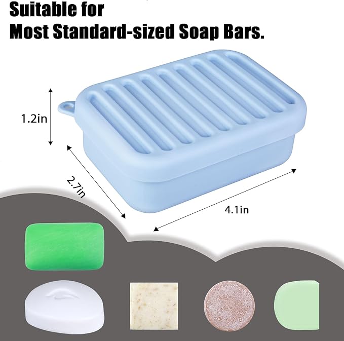 Silicone Leak-Proof Travel Soap Case, Portable Soap Container with Removable Draining Pad, Compact Soap Box for Travel, Gym, Camping, Bathroom(Light Blue)