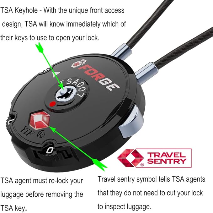 Forge Quality TSA Approved Luggage Locks for Travel Accessories, Suitcase, Pelican case, Ammo Boxes, Set Your own Combination, Zinc Alloy Body-Cable Black 2 Locks