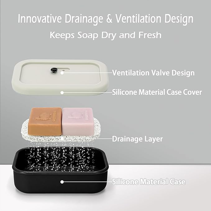 AIDIMMING Large Leak Proof Travel Soap Case, Silicone Bar Soap Holder for Traveling, Portable Soap Container with Draining Layer (Offwhite&Bla