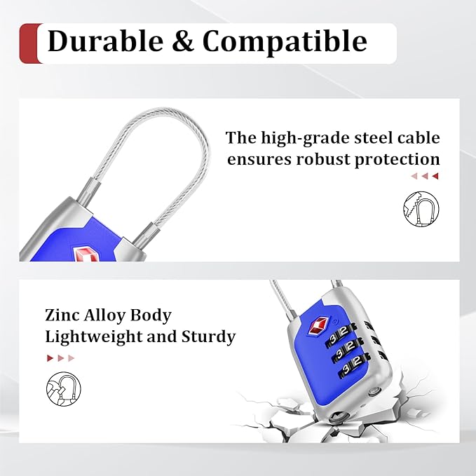 Joyway TSA Approved Luggage Lock, 3 Digit Combination Cable Lock with Alloy Body, Travel Combination Locks for Suitcases, Backpack and Golf Bag (Blue, 4Pack)