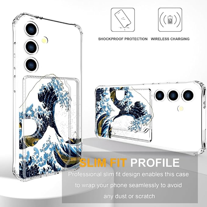 Compatible with Samsung Galaxy S24 / S25 Case Card Holder for Women Cute Design,Wallet Phone Cases Transparent Cool Kawaii Protective (Clear Blue Wave)
