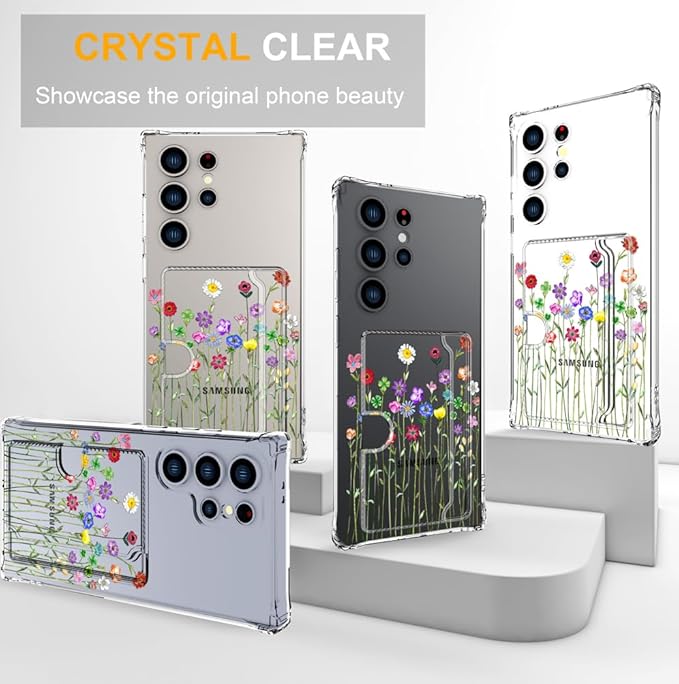 Compatible with Samsung Galaxy S24 Ultra Case Card Holder for Women Cute Design,Wallet Phone Cases Transparent Cool Kawaii Protective (Clear Flower Floral Bouquet)