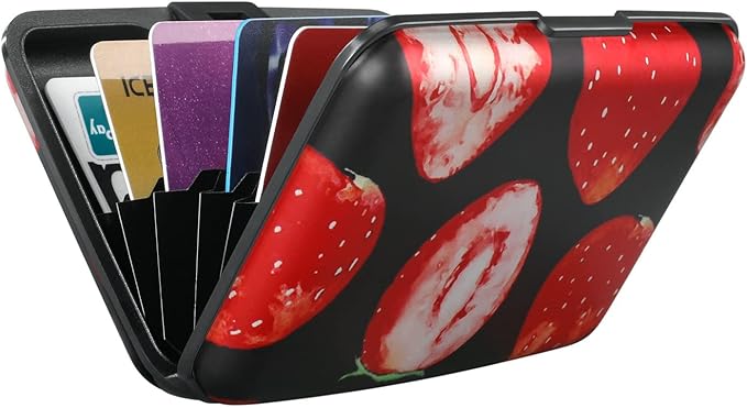 ELFISH Mini RFID Aluminum Wallet Credit Cards Holder Business Card Case Metal ID Case for Men Women（Strawberry
