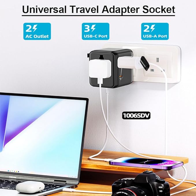 Universal Plug Adapter for Worldwide Travel, PD20W International Charge Adapter with 2 USB-C ＆ A Ports, All in One Outlet International Adapter, for USA, UK, EU, AU ＆ 224+ Countries (Black)