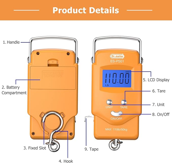 Dr.meter Fish Scale Luggage Scale Fishing Gear - 110lb Backlit LCD Display Digital Scale with Built-in Measuring Tape - Fishing Scale with 2 AAA Batteries, Pocket Size - Fishing Gifts for Men