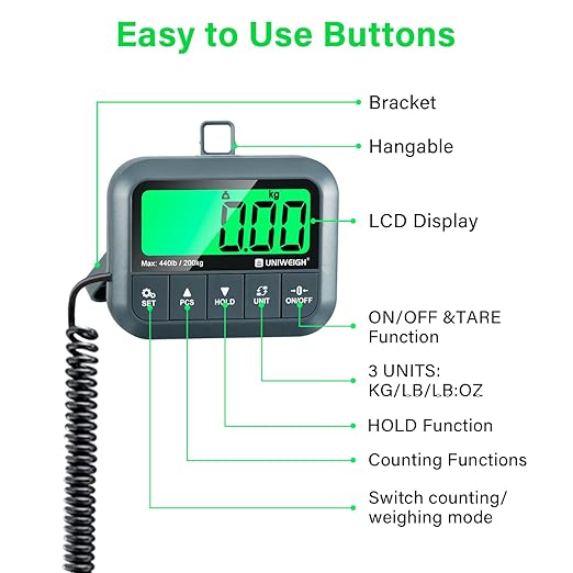 UNIWEIGH Digital Postal Scale 440lb,High Accuracy 0.35oz Shipping Scale for Packages with Hold/Tare/Count,Commercial Package Scale for Small Business,Postage Scales for Shipping Packages/Luggage,Grey