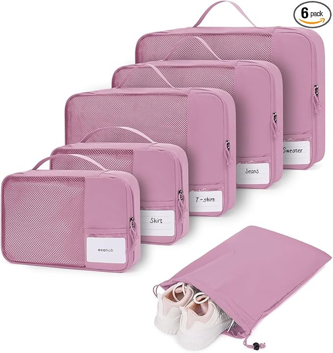 ECOHUB 6 Set Packing Cubes for Travel Durable Suitcase Organizer Bags Set with Personalized Tag Travel Essentials with Shoe Bag Traveling Accessories for Luggage Machine Washable, Pink