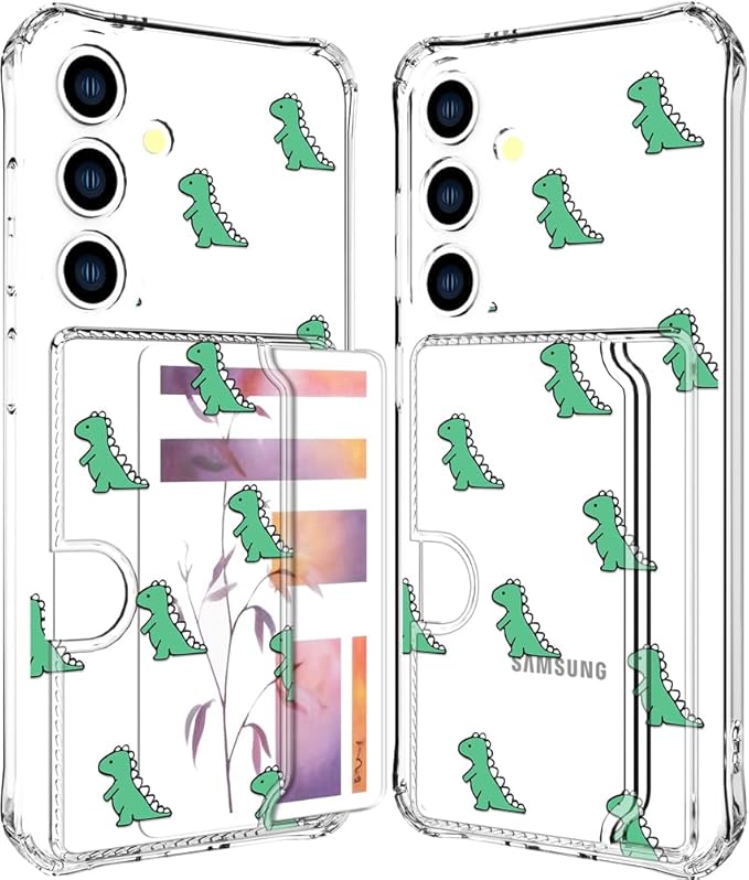 Compatible with Samsung Galaxy S24+ Plus / S25+ Plus Case Card Holder for Women Cute Design,Wallet Phone Cases Transparent Cool Kawaii Protective (Clear Lovely Dinosaurs Animal)
