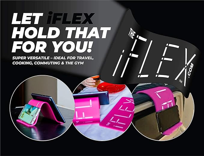 IFlex Cell Phone Stand and Tablet Stand for Air Travel, Work and Home- Flexible Phone Holder is The Perfect iPhone Stand and Holds Any Mobile Device- Non-Slip Grip, Strong and Durable- Neon Pink