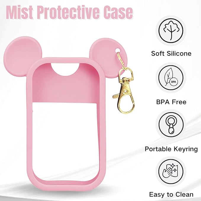 Mouse Design Silicone Case Compatible with Touchland Hand Sanitizer Spray 1 fl oz, Silicone Protective Case Holder with Keychain for Power Mist and Glow Mist, Pink
