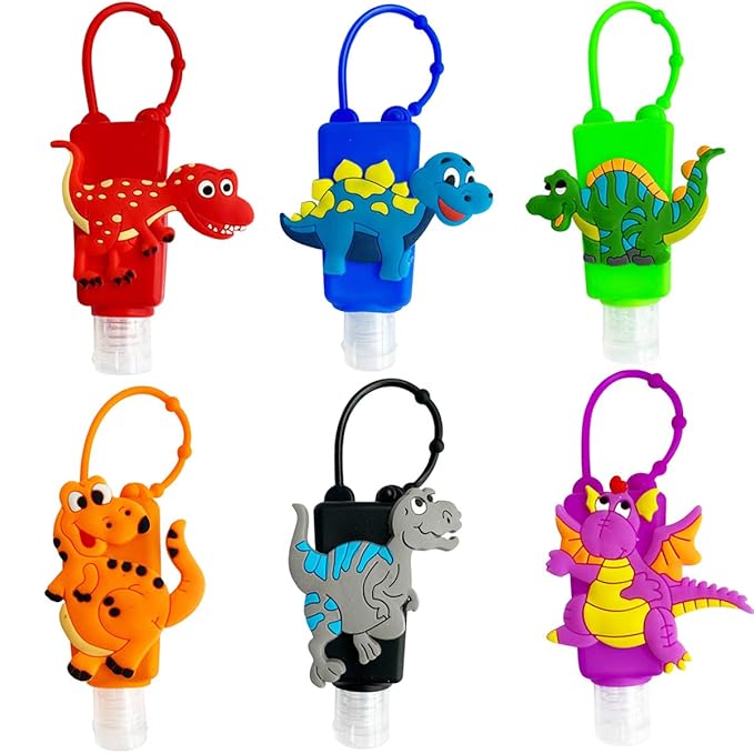 6Pcs Travel Size Kids Empty Hand Sanitizer Bottles with Keychain Holder Detachable Silicone Protective Case 30ml Plastic Travel Bottles Leak Proof Refillable Containers - Dinosaur
