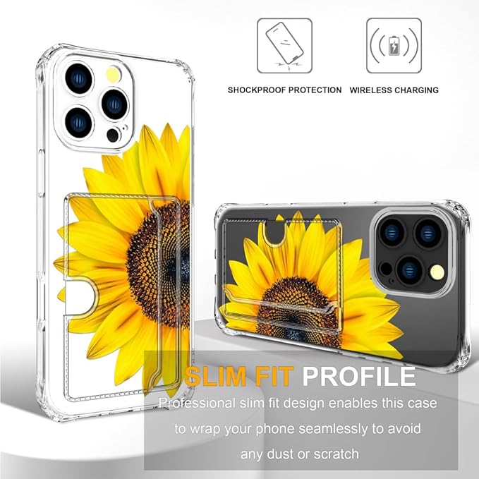 Compatible with iPhone 16 Pro Max Case Card Holder for Women Cute Design,Wallet Phone Cases Transparent Cool Kawaii Protective (Clear Sunflower Sun Flower)
