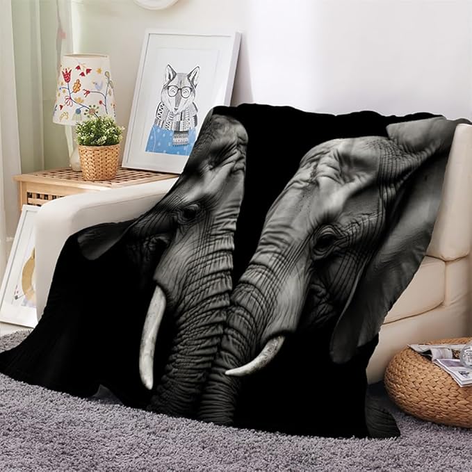 African Elephant Throw Blanket, Fleece Blanket for Couch Bed Sofa, Wild African Blankets and Throws, Animal Printed Super Soft Cozy Plush Flannel Blanket, 30 x 40 in, Black Gray