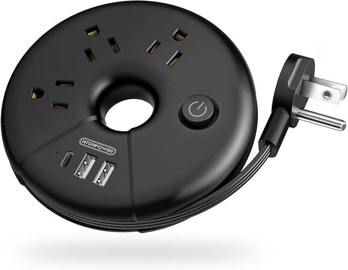 Travel Power Strip, NTONPOWER Portable Charging Station 3 USB Without Surge Protector Short Extension Cord 15 inches Compact for Home, Office, Cruise Ships, Business Trip, Hotels, Black