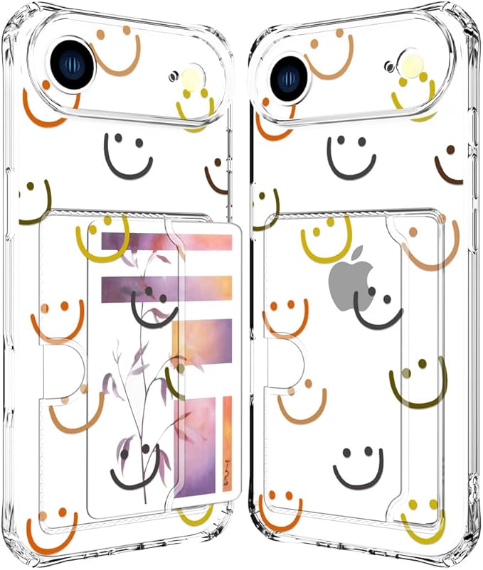 Compatible with iPhone 17 Air Case Card Holder for Women Cute Design,Wallet Phone Cases Transparent Cool Kawaii Protective (Clear Smiley Face)