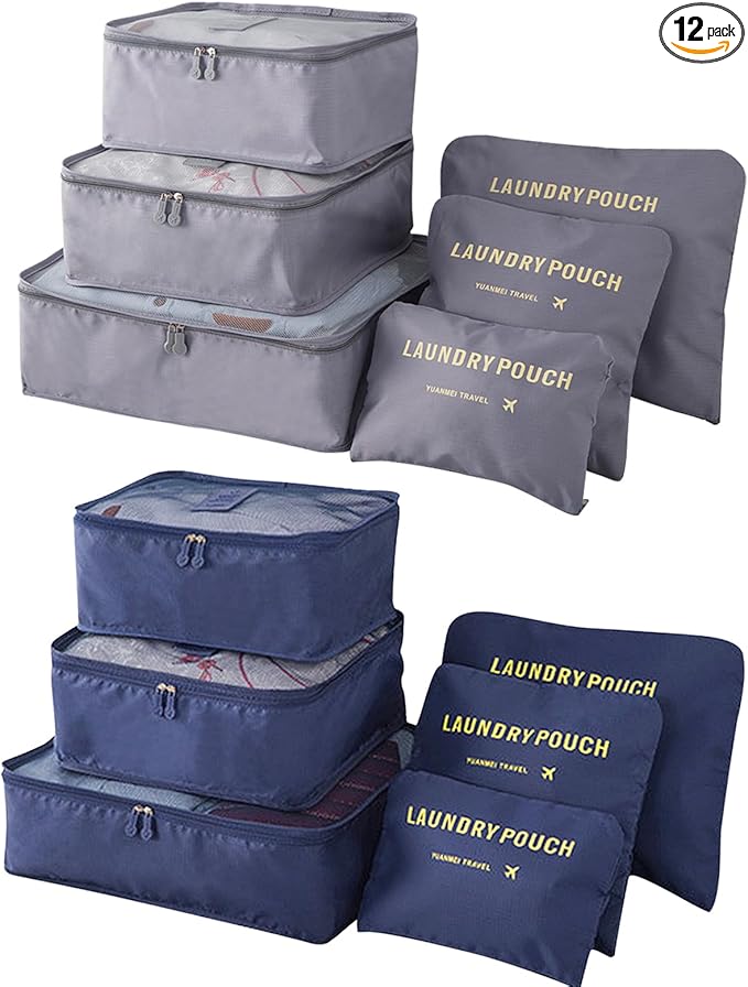 12 Set Travel Packing Cubes Luggage Packing Bags Reusable Lightweight Suitcase Organizer Cubes Set for Travel Accessories (Deep Blue+Grey)