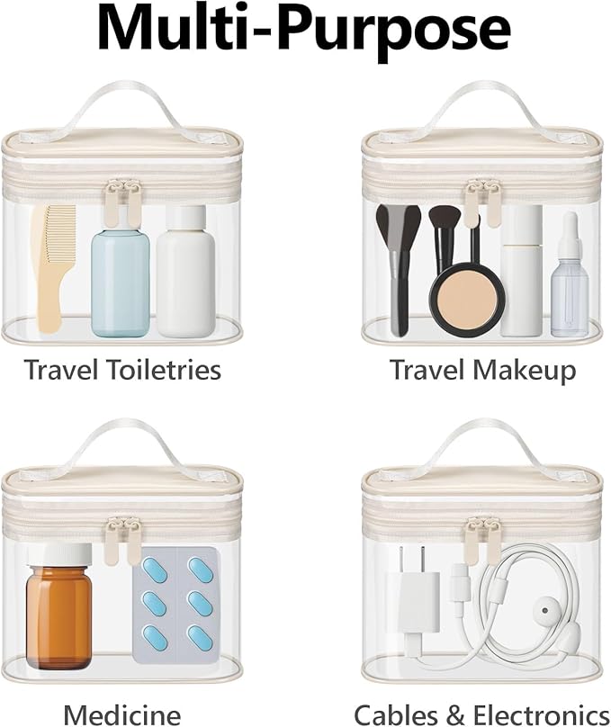 PACKISM TSA Approved Toiletry Bag 2 Pack - Quart Size Clear Makeup Bag with Handle & Dual Metal Zippers, Large Opening 3-1-1 Airline Compliant Security Travel Organizer for Carry On Liquids, Beige