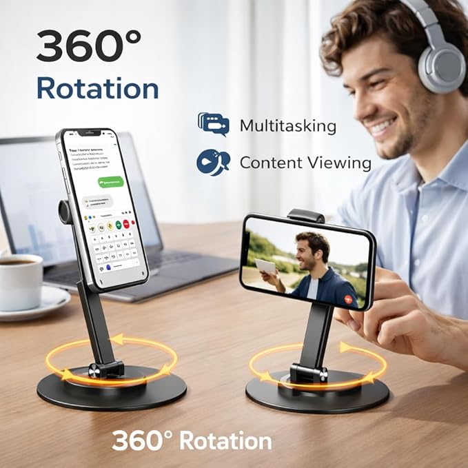 Mizi Magnetic Phone Stand for MagSafe - Adjustable Height & 360° Rotating iPhone Desk Holder Compatible with iPhone 17/16/15/14/13/12, Galaxy Series & MagSafe Cases – Black
