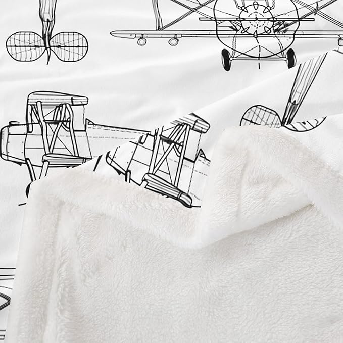 Airplane Kids Throw Blanket,Hand-Painted Sketch American Aircraft Bed Blanket for Girls Boys Adults,Air Vehicles Cartoon Fleece Blanket,Black White Fuzzy Blanket,Baby Size (30 x 39 Inches)