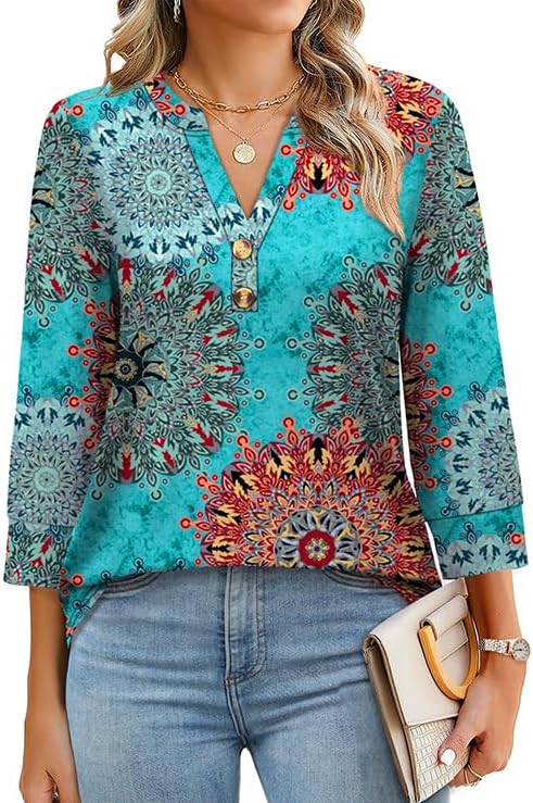OFEEFAN Womens Tops 3/4 Sleeve Henley Shirts for Women Summer Outfits Fashion Clothing