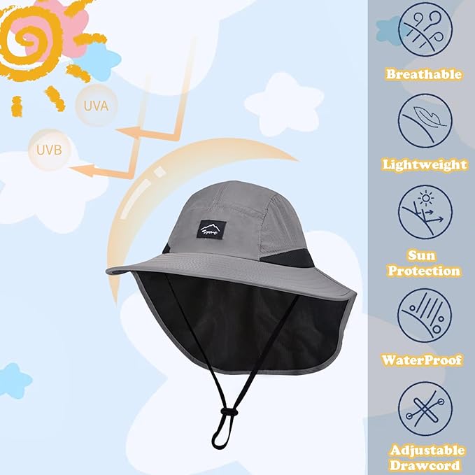 Outdoor Kids Sun Hat with Neck Flap UPF 50+ Quick Dry Beach Hats for Baby Boys Girls Age 2-12 Years Adjustable