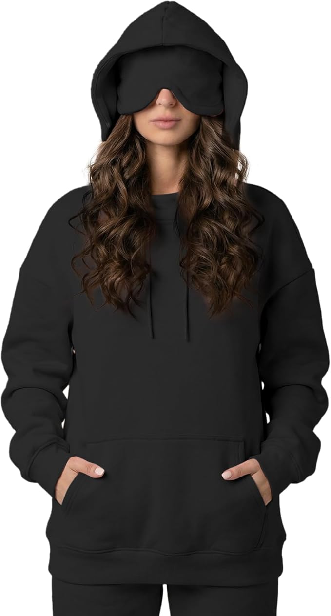 Ainangua Womens Oversized Pullover Essentials Hoodie with Eye Mask Comfor Airplane Mode Travel Office Vacation Sweatshirt